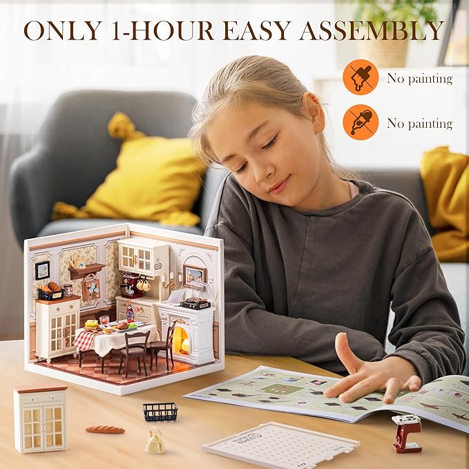 ROBOTIME Super Creator Toy Building Set DIY Miniature House Kit with LED Tiny Room Making Kit Expandable Plastic Craft Toy for Creative Play Home Decor Unique Hobby Gift (Warm Dining Room)
