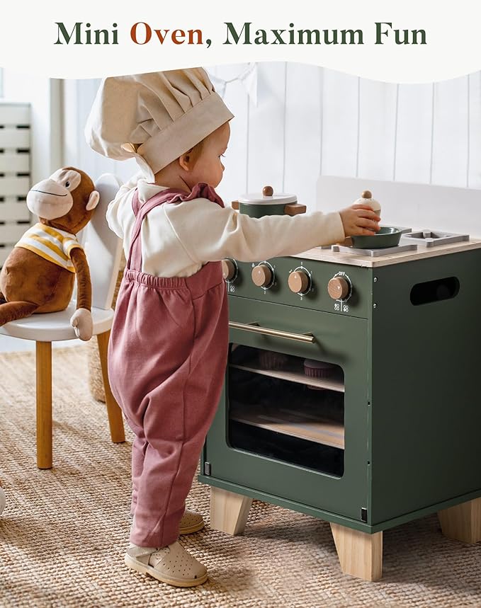 ROBOTIME Wooden Toy Oven Play Kitchen Set, Kids Kitchen Playset with Play Food, Pretend Play Oven Wooden Toy Kitchen Set for Toddlers Boys Girls(Vintage Green)