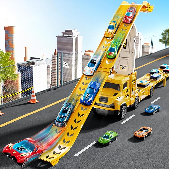 Toddler Car Truck Toys for 3 4 5 6 7 8 Years Old Boys, Transporter Truck Toy Track Set with 12 Die-Cast Car Toys, Toy Gifts for 3 4 5 6 Year Old Boys Kids