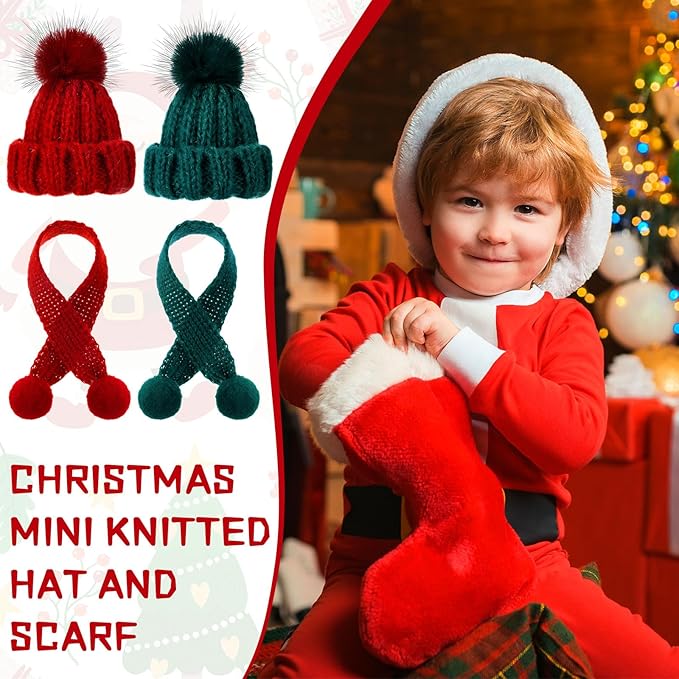 Bencailor 24 Pcs Mini Christmas Knitting Hats and Mini Christmas Scarf Set Knitting Doll Hat Scarf Santa Knit Hat Tree Ornaments for DIY Craft Art Doll Decoration (Red,Green)