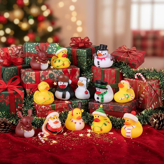 Sratte 24 Christmas Rubber Duck Bulk, Mini Santa Rubber Duck Bath Toys Assorted Xmas Party Decorations for Christmas Party Favors Stocking Stuffers Gifts for Coworkers Class (Cute Style)