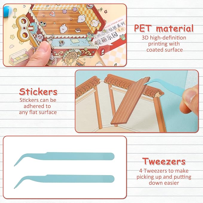 DIY 3D House Sticker Set for Adults & Kids - Creative Miniature Room Scenes with Cartoon Decals, Cute Home Decor Stickers to Build Your Own 3D Model Scenes (Set 4)