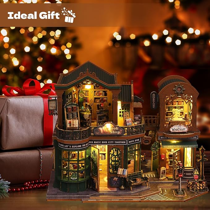 DIY Miniature House Kit, Mini 3D Wooden Books Shop Building Kit, Tiny Dollhouse Kit with Dustproof Cover & Music Movement, Creative Handmade House Craft, Gift for Adults Teens Family Friends