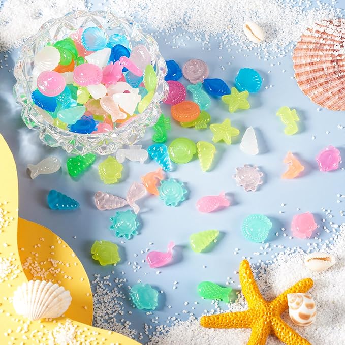 Beadthoven 300Pcs Glow in The Dark Sea Shells Starfish Luminous Pebbles Plastic Seashells Conch Sea Animal Glow Stones for Table Scatters Beach Mermaid Party Decoration Vase Fillers DIY Crafts