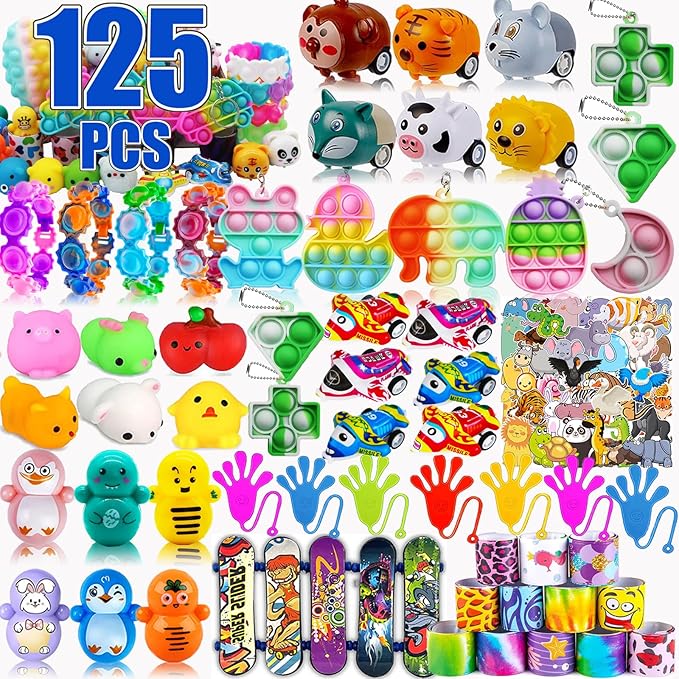125 Pcs Party Favors for Kids 4-8, Pop Fidget Bulk Toys, Pinata Goodie Bag Stuffers, Treasure Box Toys, School Classroom Rewards, Treasure Chest Prizes, Goody Bag Filler