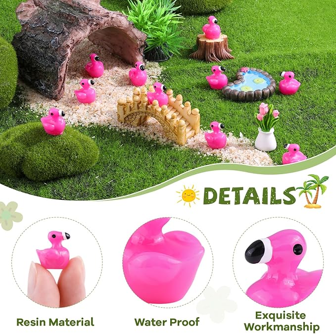 200PCS Mini Resin Animals Cute Rose Pink Tiny Flamingo Ducks, Miniature Figures to Hide, Small Animal Accessories Bulk for Topper Garden Dollhouse Landscape Aquarium Ornaments DIY Crafts & Decor