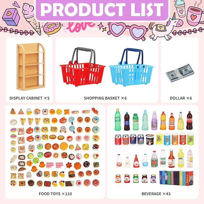 170Pcs Miniature Supermarket Shelves Furniture Model Doll House Store Storage Bookshelf Accessories 4 Layers Shelf Display Rack Mini Locker Decor Food Drink Bottle Toy Cosplay Game Party