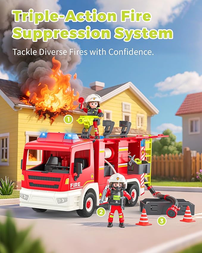 Large Fire Truck Toy with 2 Firefighters & Rescue Tools, Lights & Siren Sounds, Assemble Fire Rescue Truck Vehicle Toy for Boys Girls 3+, Christmas Birthday Gift