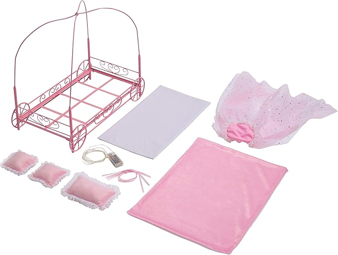 Badger Basket Elegant Royal Carriage Bed for 18-Inch Dolls with Canopy, Bedding, and LED Lights - Pink and White Stars