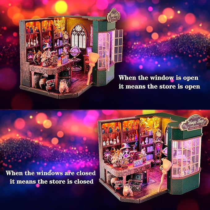 Book Nook Kit - DIY Miniature House Dollhouse Kit for Adult and Teens, Tiny House Bookshelf Decor 3D Wooden Puzzle with LED Lighting, Gifts for Family, Friends (Magic Shop)