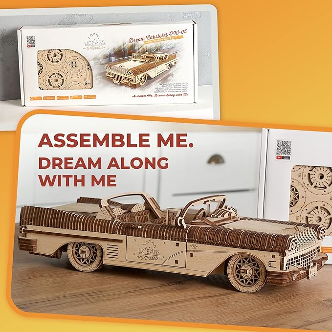 UGEARS Dream Cabriolet VM-05 Wooden 3D Puzzles for Adults - 3D Wooden Puzzles for Adults - Mechanical Model Car Kit - Retro 1950s Inspired DIY Craft, 3D Puzzle