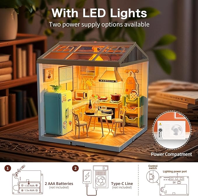 Hallisun LED Building Blocks for Adults, 1:24 DIY Miniature Dollhouse Kits with Roof & Dustproof Cover, Tiny House Toy Building Sets for Kids Ages 8-12-15, Birthday Hobbies Gift for Men Women Boy Girl
