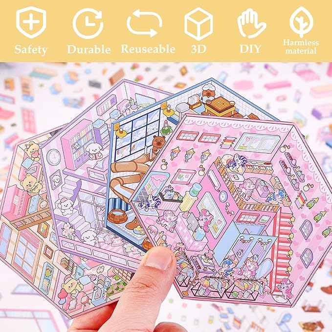 DIY 3D Sticker Scene, Stocking Stuffer, 6 Sets of Aesthetic Stickers for Girls Make Your Own Mini Shop Scenes Stickers for Kids Sticker Therapy for Adult Relief Stress, Holiday & Christmas Fun