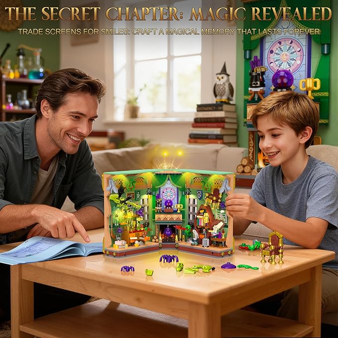 Book Nook Building Kit with LED Lights, 1033 PCS Magic Academy Booknook 3D Miniature House Model for Bookshelf Bookend Home Decor, Christmas for Adults Kids Age 8+