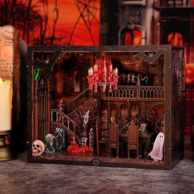 DIY Miniature House,LED Lighting Book Nook Kit Dollhouse Kit for Adult and Teens, Tiny House Bookshelf Decor 3D Wooden Puzzle with Duty Cover, Gifts for Family, Friends,Christmas(Dark Cabin)