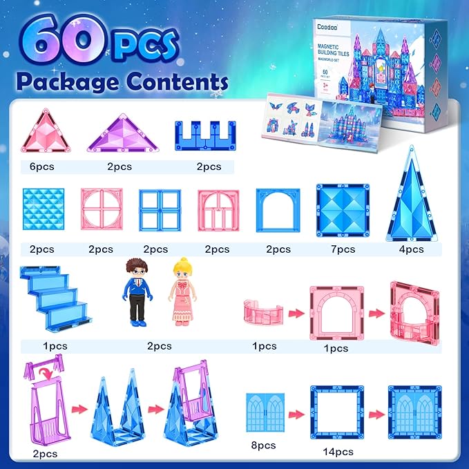 Coodoo Diamond Magnetic Tiles & Building Blocks — Princess Toys for Girls & Boys, Toddler Girl Gifts, 3 4 5 6 Year Old Gifts, Toys for Ages 3-8, 3 Year Old Birthday & Xmas Present