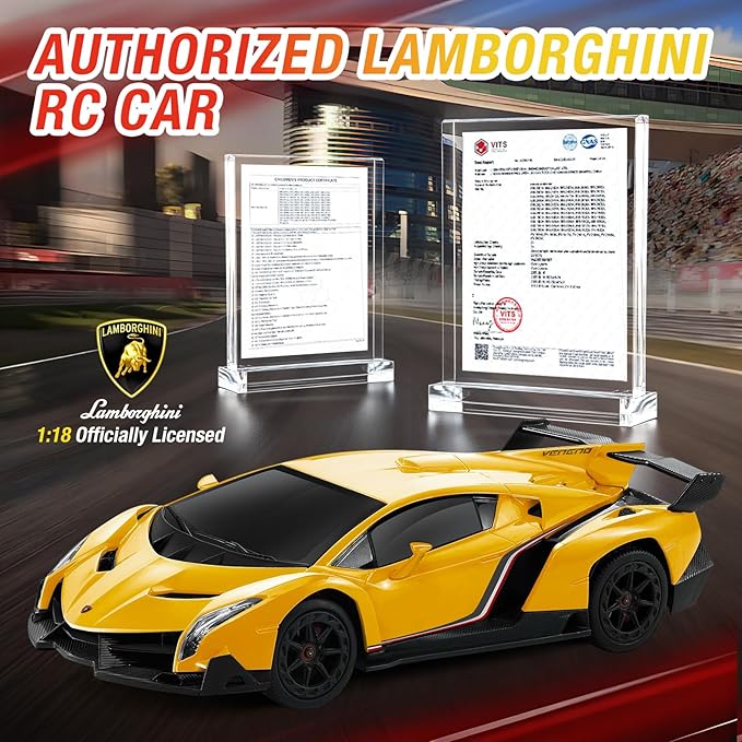 Lamborghini Remote Control Car for Boys 3-7, 1:18 Scale Lambo Toy Car Official Licensed,RC Drift Car 20Km/h with LED Lights, 2.4GHz RC Cars for Adults Boys Girls 8-12 Birthday Gifts (Yellow)