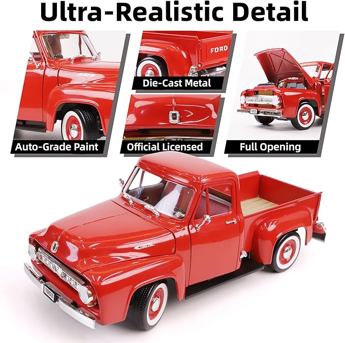 1953 Ford F-100 Pickup Truck 1/18 Scale Die-Cast Metal Model Alloy Collection Cars with Display Case, with Opening Doors, for Kids Men and Teens Dad 14+ Year
