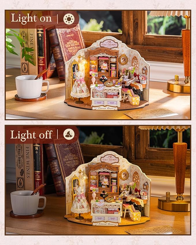 Rolife DIY Miniature House Kit Elsa's Tailoring 1:18 Scale Dollhouse Diorama, Tiny House Building Kit Vintage Tailor Shop Crafts for Adults Home Decor Gift for Adults