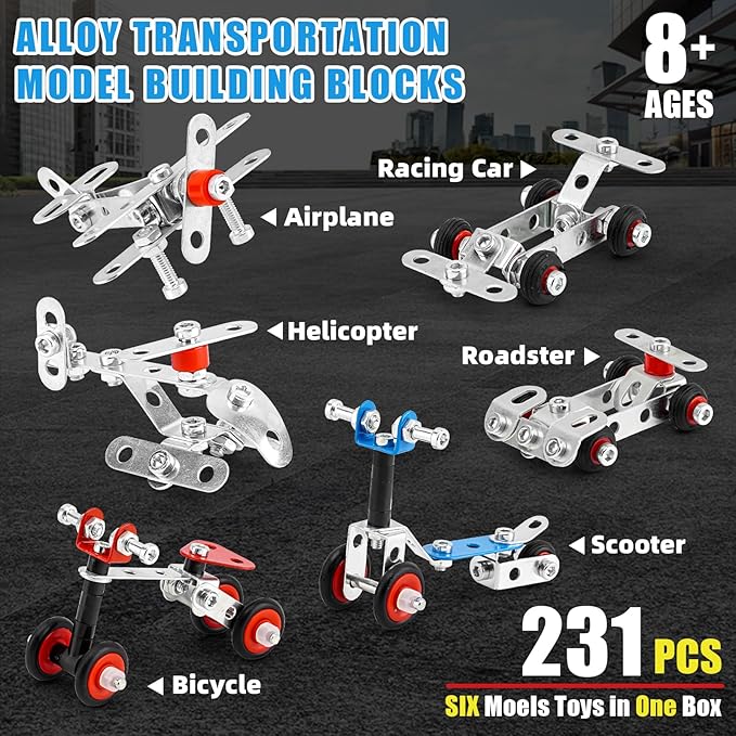 Cars & Airplane Metal Model Set, Building Kit Model, 231 PCS 6 Models Metal STEM Project Building Toys for Kids Ages 8-12, Assembly Vehicles Metal Toys Model