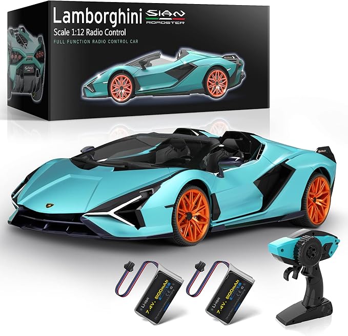 MIEBELY Lamborghini Remote Control Car, 1:12 Scale Lambo Toy Car 2 X 7.4V 900mAh Officially Licensed 12Km/h Fast Rc Cars with Led Light 2.4Ghz Model Car for Adult Boys Girls Birthday Ideas Gift - Blue