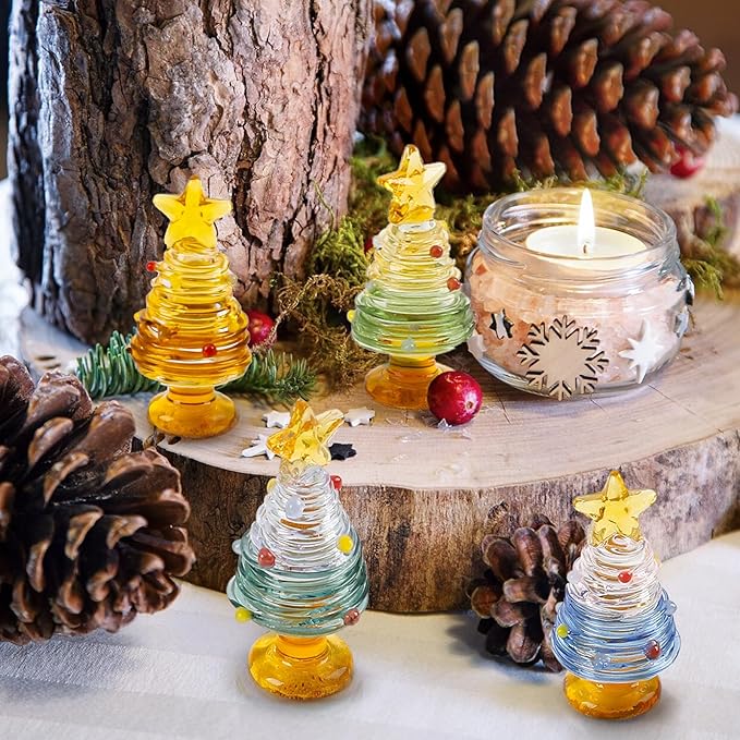 dolitify 4Pcs Mini Christmas Tree Glass Figurine Set, Mini Hand Artificial Glass Christmas Tree Traditional Craftsmanship Holiday Tabletop Decoration Gift Home Decor Craft Party (1)