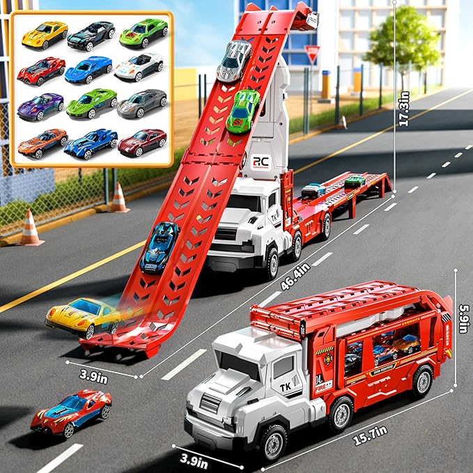 Toddler Car Truck Toys for 3 4 5 6 7 8 Years Old Boys, Transporter Truck Toy Track Set with 12 Die-Cast Car Toys, Toy Gifts for 3 4 5 6 Year Old Boys Kids