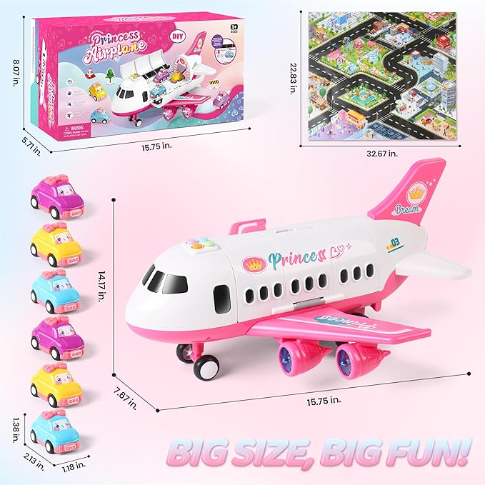 Dwi Dowellin Pink Airplane Toy with 6 Truck Cars and Play Mat,Plane with Lights and Sounds for 3 4 5 6 7 Years Old Toddlers Boys and Girls