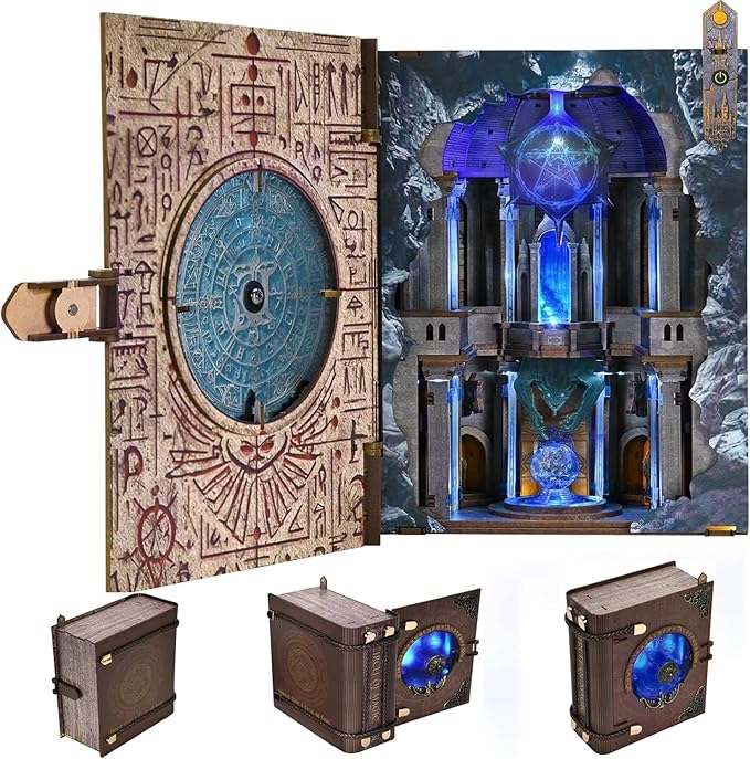 Book Nook Kit, DIY Miniature Dollhouse Magic Booknook Kit, 3D Wooden Puzzle Bookend Bookshelf with LED Light for Adults Teens (Circle of Magic)