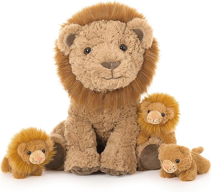 4Pcs Lion Plush Toy, 17.7" Mother Lion Stuffed Animal with 3 Cute Baby Lions, Wild Animal Stuffed Toy for Kids Boys Girls, Safari Animal Plushies Gift for Christmas Birthday Baby Shower