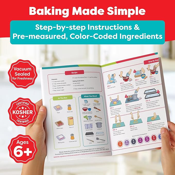 Baketivity Kids Baking Set, Meal Cooking Party Supply Kit for Teens, Real Fun Little Junior Chef Essential Kitchen Lessons, Includes Pre-Measured Ingredients (Kit +Hat & Apron, Pretzel)