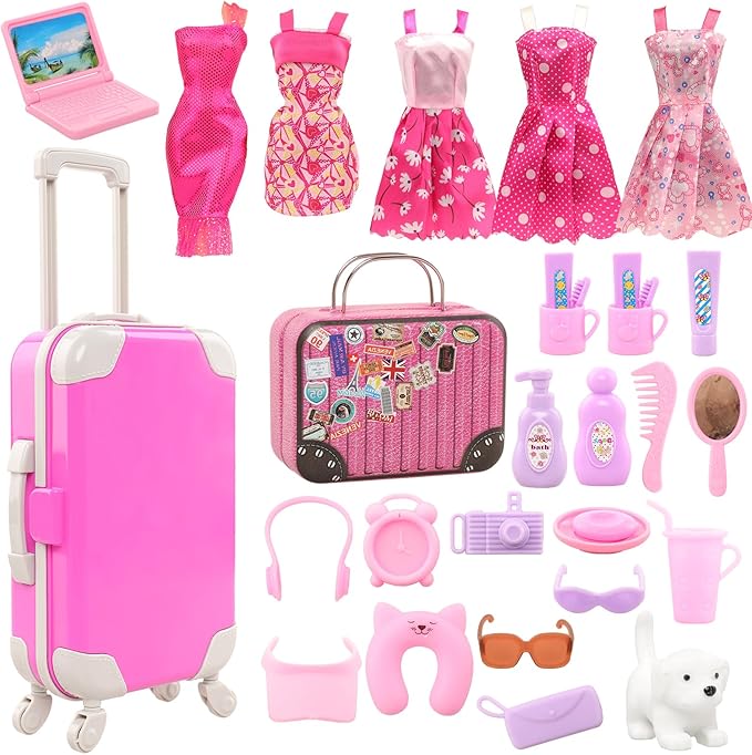 BARWA 32 Pcs Doll Suitcase Luggage Travel Clothes and Accessories for 11.5 inch Girl Doll Travel Carrier Storage, Including 1 Luggage 1 Suitcase 23 Travel toiletries 5 Dresses 1 Puppy 1 Computer…