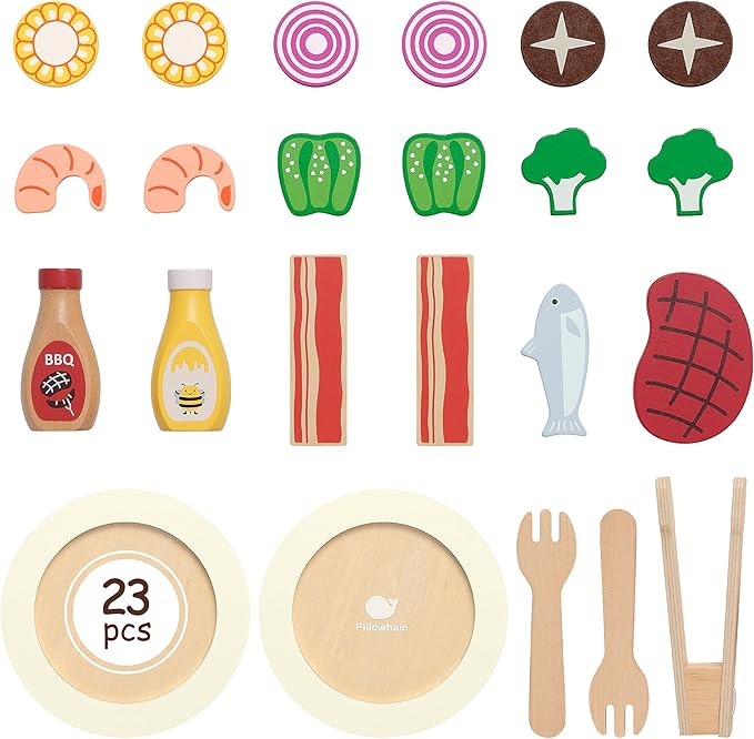 Pillowhale Wooden Play Food for Kids Kitchen - 24 Pcs Montessori Pretend Play Kitchen Accessories, Educational Learning Toys with Toy Fruits, Vegetables & Meat, Gift for Boys Girls Ages 3-6