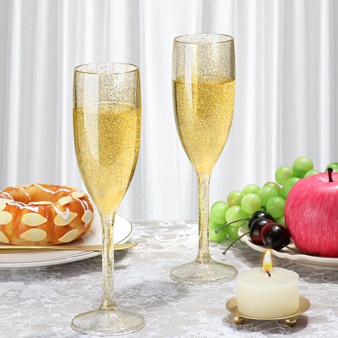 XUWAIDSGN 10 Pcs Reusable Champagne Flutes Plastic Wine Glasses Bulk Vintage Champagne Flutes Mimosa Bar Glasses Stemmed Drinking Cups 5.4OZ for Christmas Birthday Wedding Bride