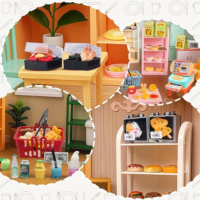 199Pcs Dollhouse Miniature Store Grocery Accessories Mini Shopping Basket 4 Three-Layer Shelves Supermarket Food Drink Bottle Fruit Toy Kitchen Play Game Cash Register Lunch Box