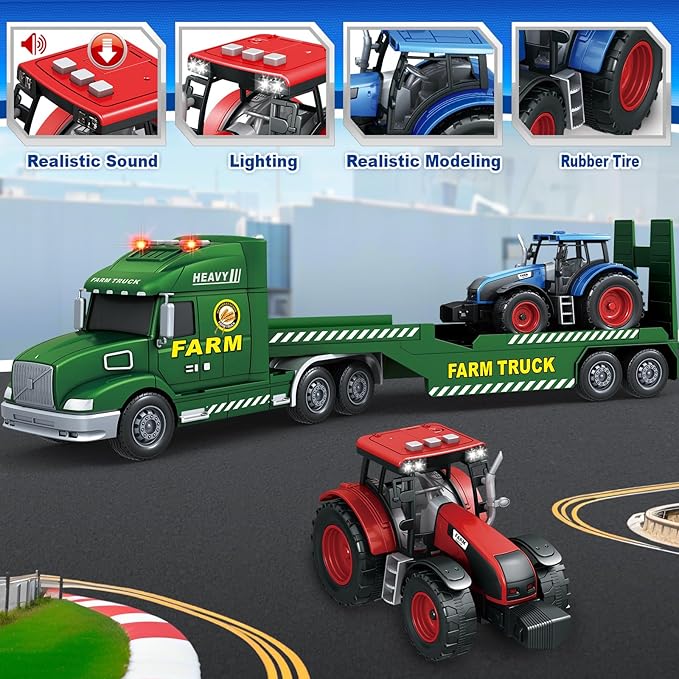 Toddler Boy Toys for 3 4 5 6 7 Years Kids, 27" Semi Flatbed Truck Toy with 2 Tractors, Friction Powered Vehicles Toys with Lights and Sounds, Birthday for Boy Girls