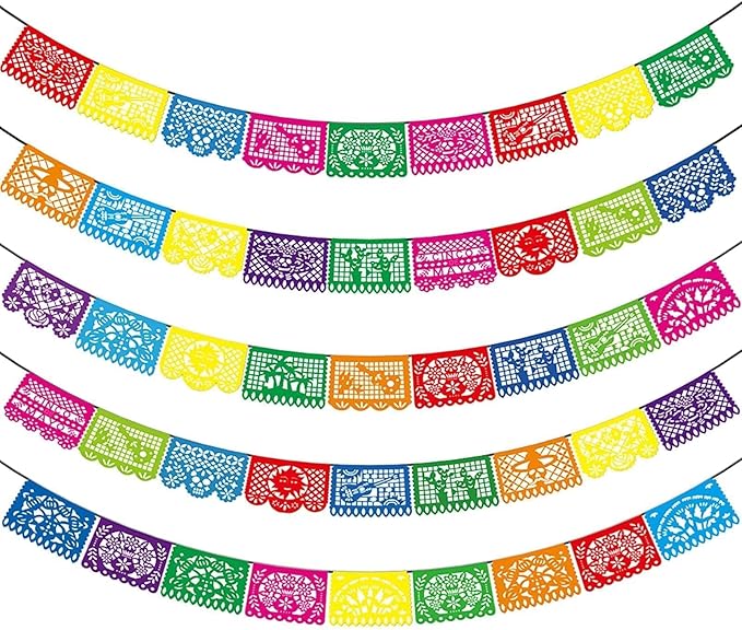5PCS Mexican Party Decorations, 90FT Plastic Papel Picado Banner, Fiesta Party Decoration, Dia De Los Muertos, Day of The Dead Decorations, Cinco De Mayo Decor, Mexico Birthday Party Supplies