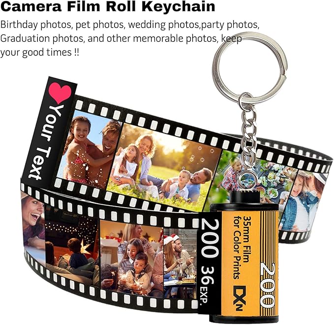 Personalized Camera Film Roll Keychain with Photo,Custom Personal Roll Keyring,Customized Pictures Gifts for Men Women