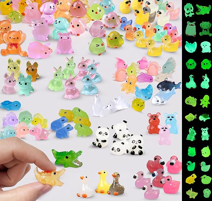 130 Pcs Luminous Mini Resin Animals Bulk, Glow in The Dark Ducks, Frogs, Pandas, Rabbits, for Fairy Garden, Micro Landscape, Aquarium and Potted Plant Decorations