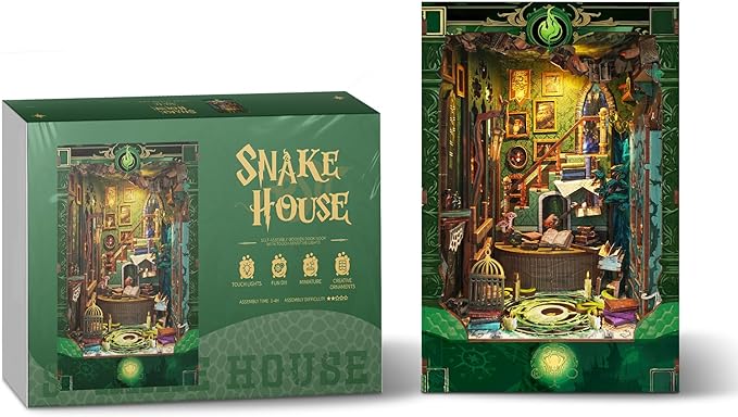 3D Wooden Puzzle Book Nook Kit -DIY Miniature House Kit Magic Dollhouse Tiny House Bookshelf Dollhouse for Adults with LED Light- Snake House (SQ-41)