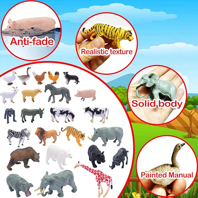 24PCS Animals Figures,Realistic Jungle Animal Figurines,Mini Farm Plastic Safari Animal Figures Set,Wild Zoo Animals Learning Educational Toys Cake Toppers Birthday Gift