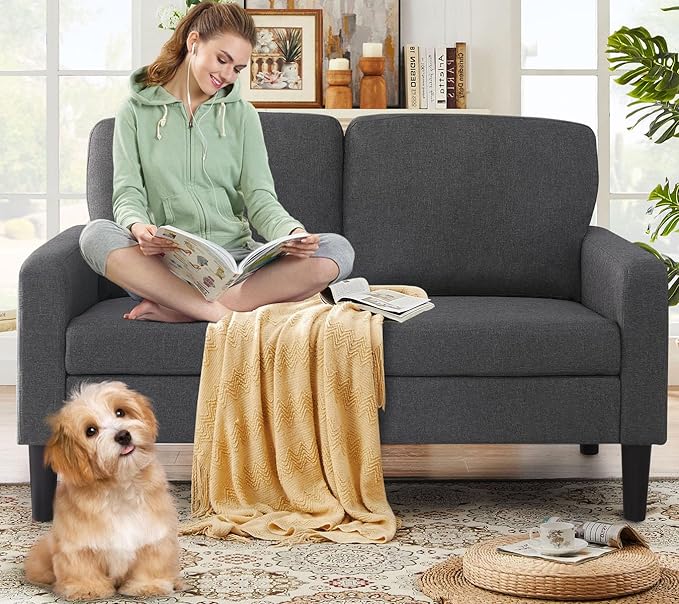 asunflower 52Inch Small Loveseat 2 Seater Couch for Small Spaces Comfy Linen Fabric Love Seat Sofa Office Couch Tool-Free Assembly for Bedroom,Drom Room,Kid's Room,Grey