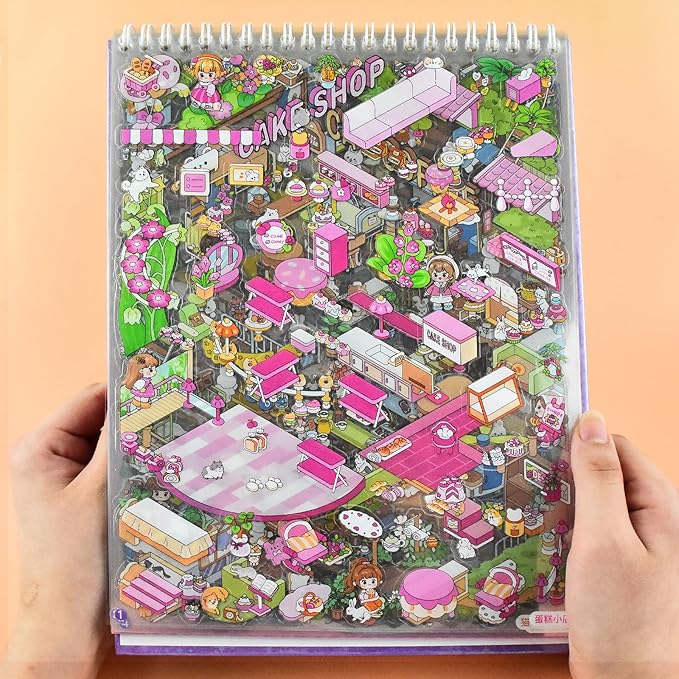 DIY 3D Fun Large Animal House Scene Stickers Book with Tweezers Make Your Own Food Store Pet Hospital Island Sticker Scenes Cute Micro Stickers for Relief Stress Pass The Time(6 Designs)