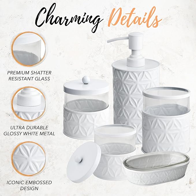 Autumn Alley White Bathroom Accessories Set, 5 Pieces, Bathroom Decor - Soap Dispenser Bathroom/Lotion Dispenser, Toothbrush Holder, 2 Glass Apothecary Jars (Qtip Holder), Soap Holder