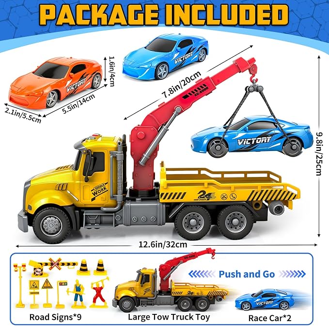 Large Tow Truck Toy, Kids Toys for 3 4 5 6 7 8 Years Old Boys Toddlers Birthday Easter Gifts, Friction Powered Transport Crane Toy with Lights and Sounds, 2Pcs Racing Car, Traffic Signs
