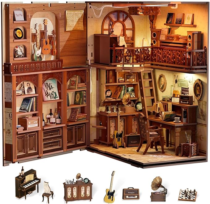 Cutefun Book Nook Kit,3D Wooden Puzzle Bookends,Miniature house kit with dust cover,Bookends Kit with LED Lights,DIY Dollhouse Bookend Tiny House for Adults,Birthday Easter Home Decor for Teens Adults