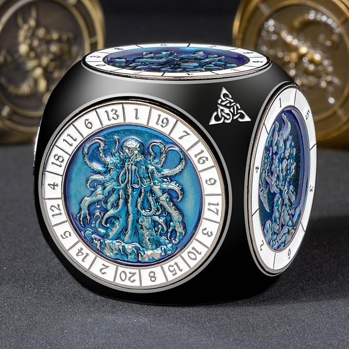 7 in 1 Unique Spinner DND Dice Set D&D, Metal Cube D and D Dice with Gift Box, Dungeons Dragons Role Playing Dice, Black Blue