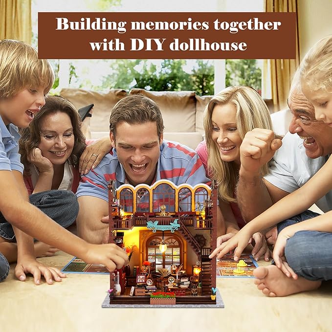 Quanquer Miniature House Kit: Magic Book Store Book Nook with Furniture and LED Light - DIY Kits for Adults - Wooden Doll House - Great Handmade Craft Model - Tiny House Decor Ideal Gifts