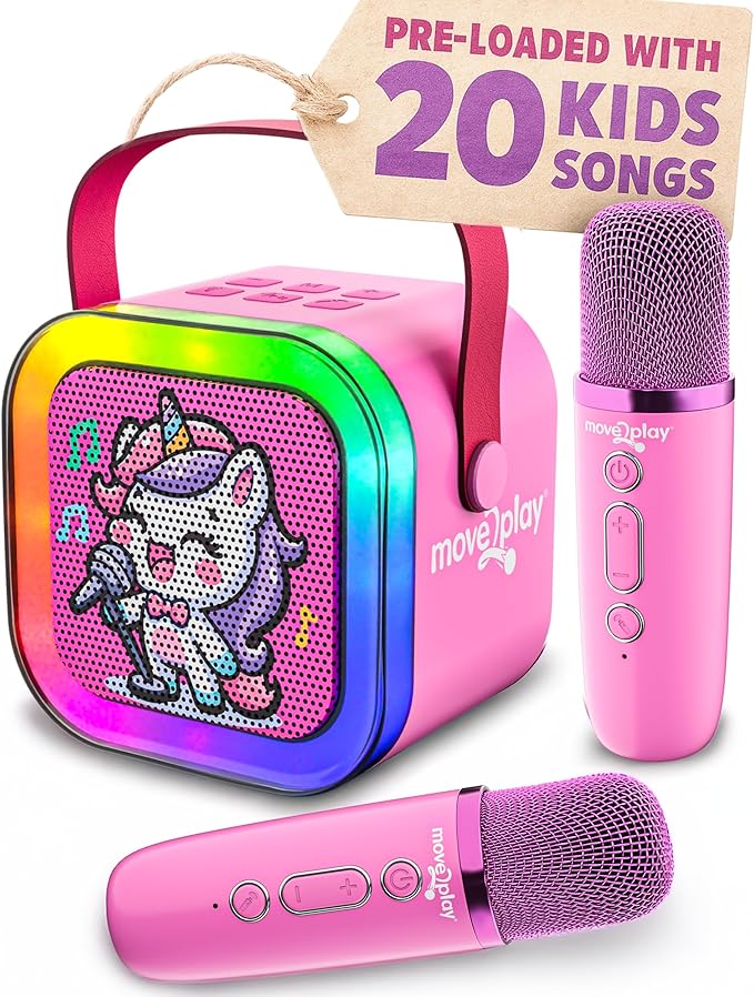 Move2Play, Mini Karaoke Machine for Kids | Built-in 20+ Songs | Bluetooth Speaker with Microphones | Voice Effects | Toddler Music Toy | Christmas Stocking Stuffer | Girls & Boys Age 2, 3, 4, 5, 6+
