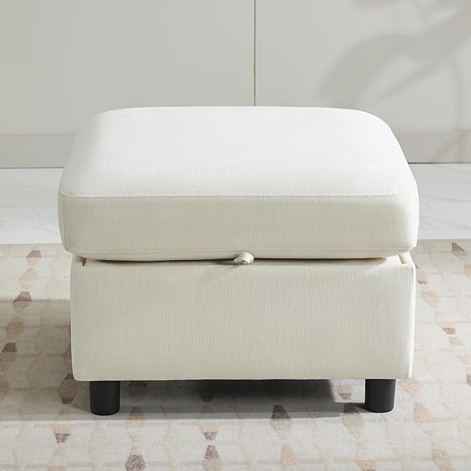 25" Square Storage Ottoman for Modular Sectional Sofa, Convertible Couch Footrest with Hidden Compartment, Chenille Upholstered Coffee Table & Extra Living Room Seating, Beige